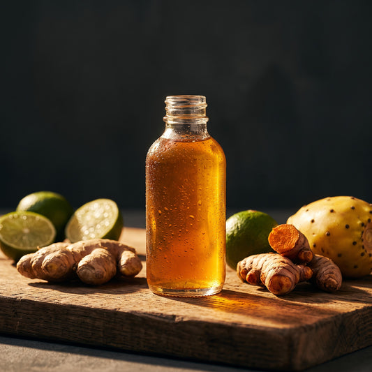 Golden Fire morning shot — golden-amber cold-pressed shot with ginger, turmeric, key lime and prickly pear