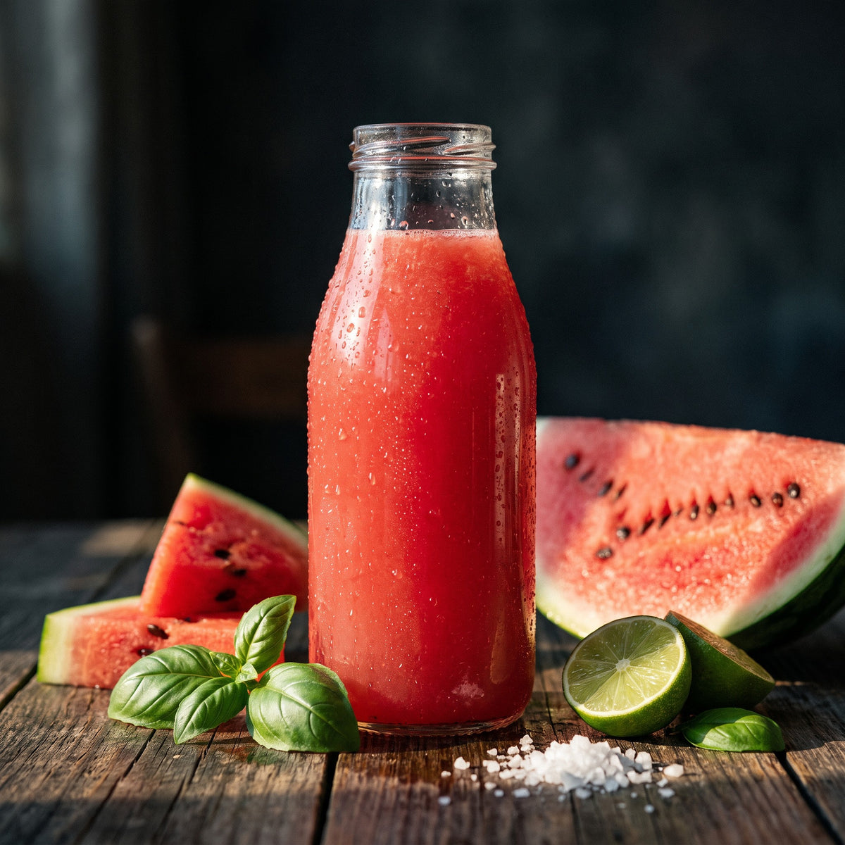 Watermelon Glow cold-pressed juice — seeded watermelon, basil, key lime, sea salt