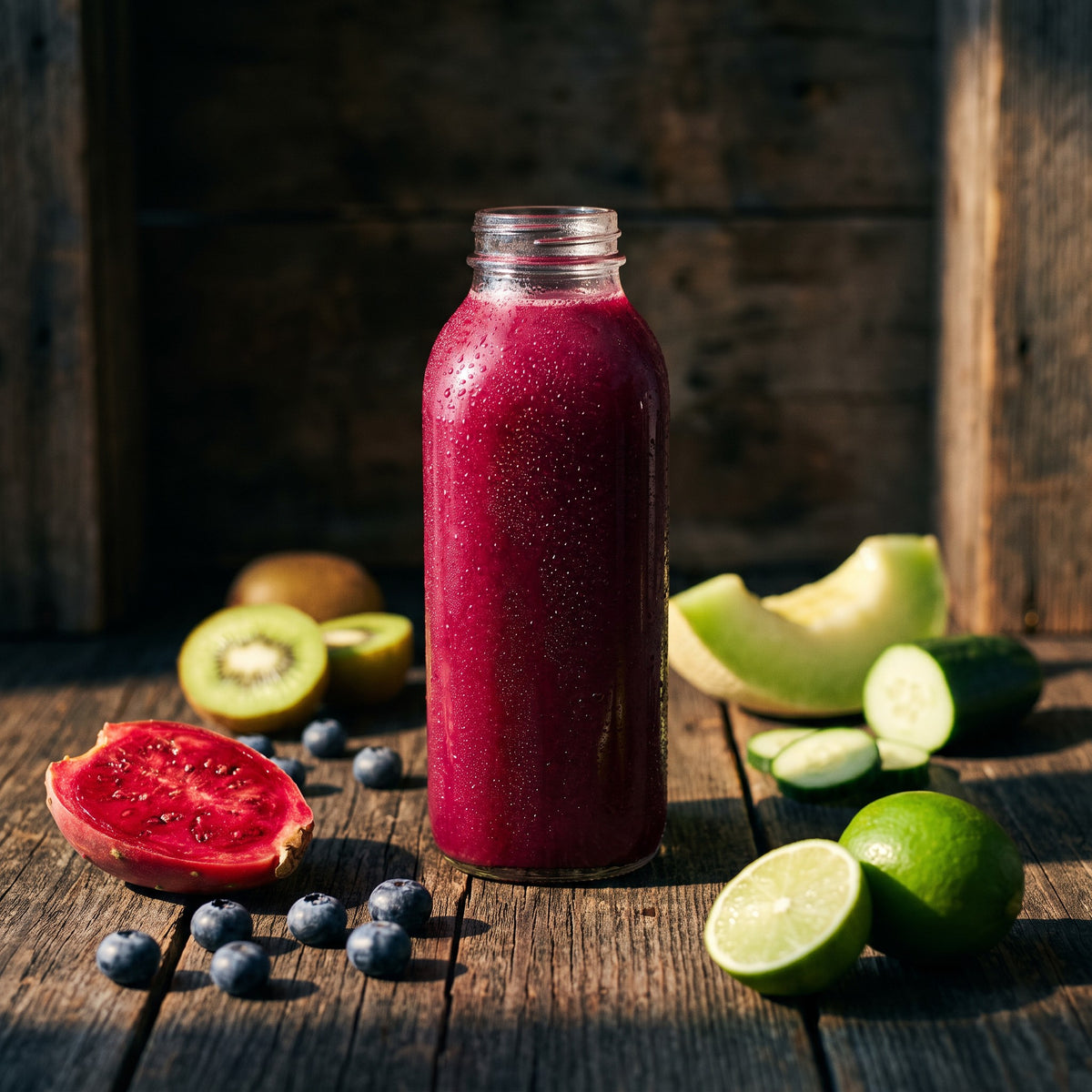 Prickly Berry cold-pressed juice — red prickly pear, blueberries, cucumber, kiwi, honeydew, key lime
