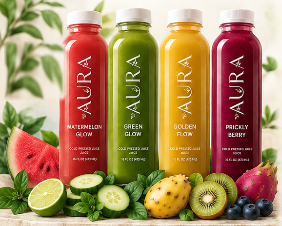 AURA cold-pressed juices: Watermelon Glow, Green Glow, Golden Flow, Prickly Berry