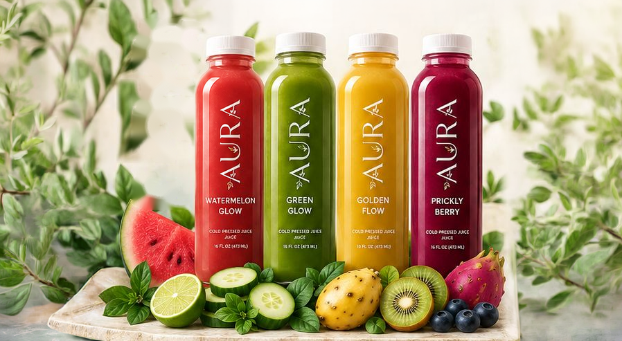 AURA cold pressed juices: Watermelon Glow, Green Glow, Golden Flow and Prickly Berry with fresh fruit