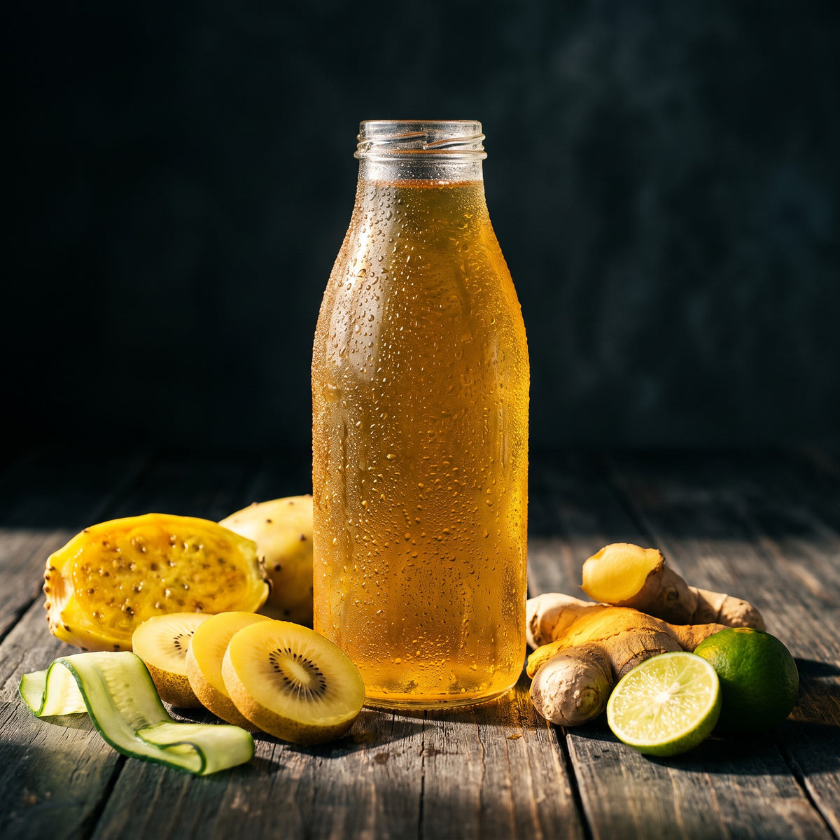 Golden Flow cold-pressed juice — yellow prickly pear, golden kiwi, cucumber, ginger, key lime